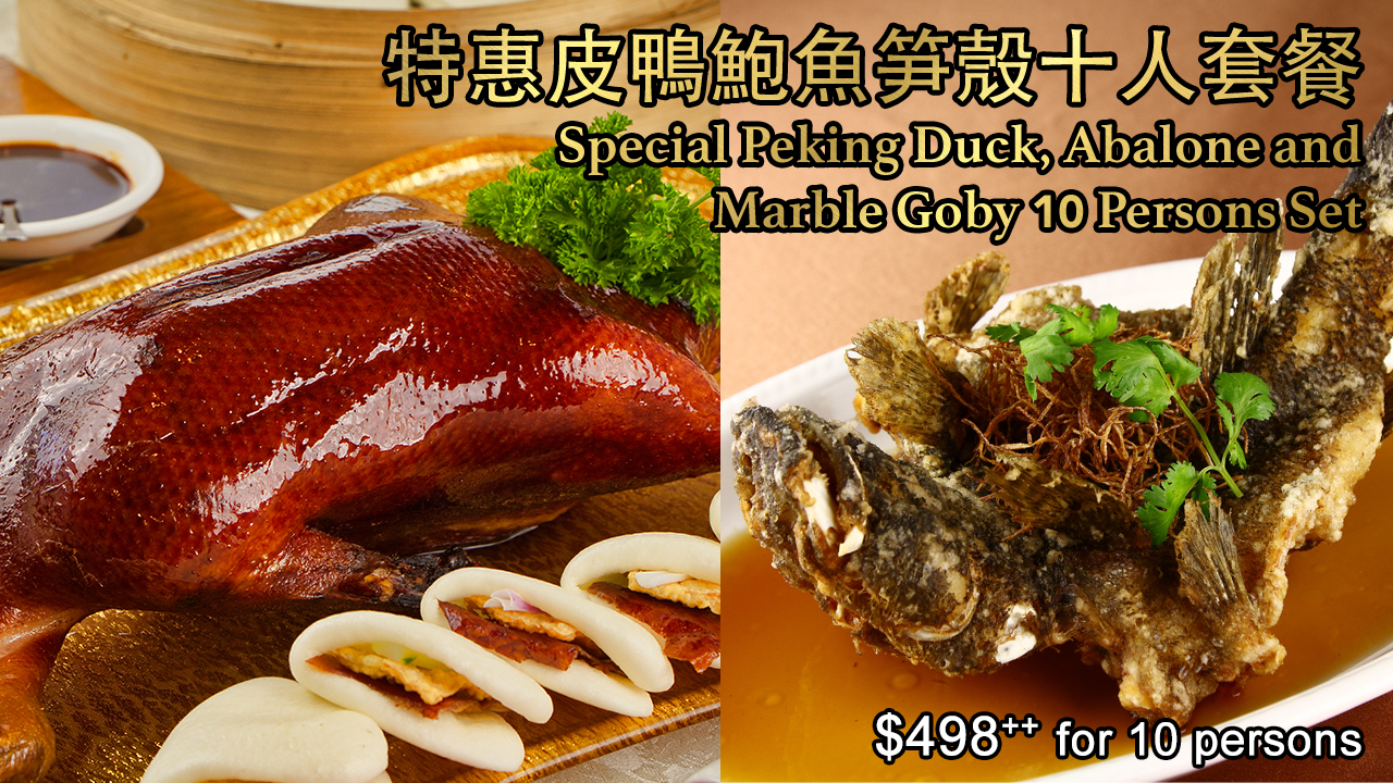 <B>特惠北京片皮鴨鮑魚笋殼套餐<br>Special Peking Duck, Abalone & Marble Goby Set</B><br><small>$498<sup>++</sup> per set</small>